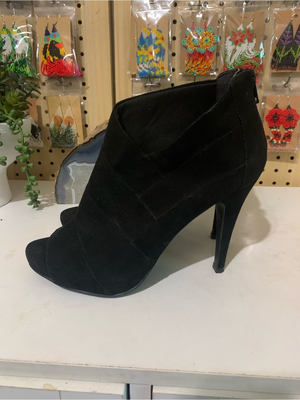 Fergalicious Black Suede Peep-Toe High Heel Booties